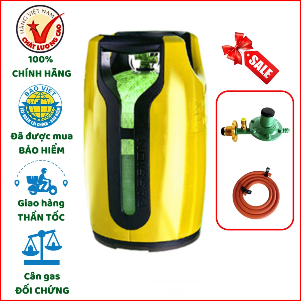 Bộ Bình Gas Miss Composite 12kg vàng + dây van gas